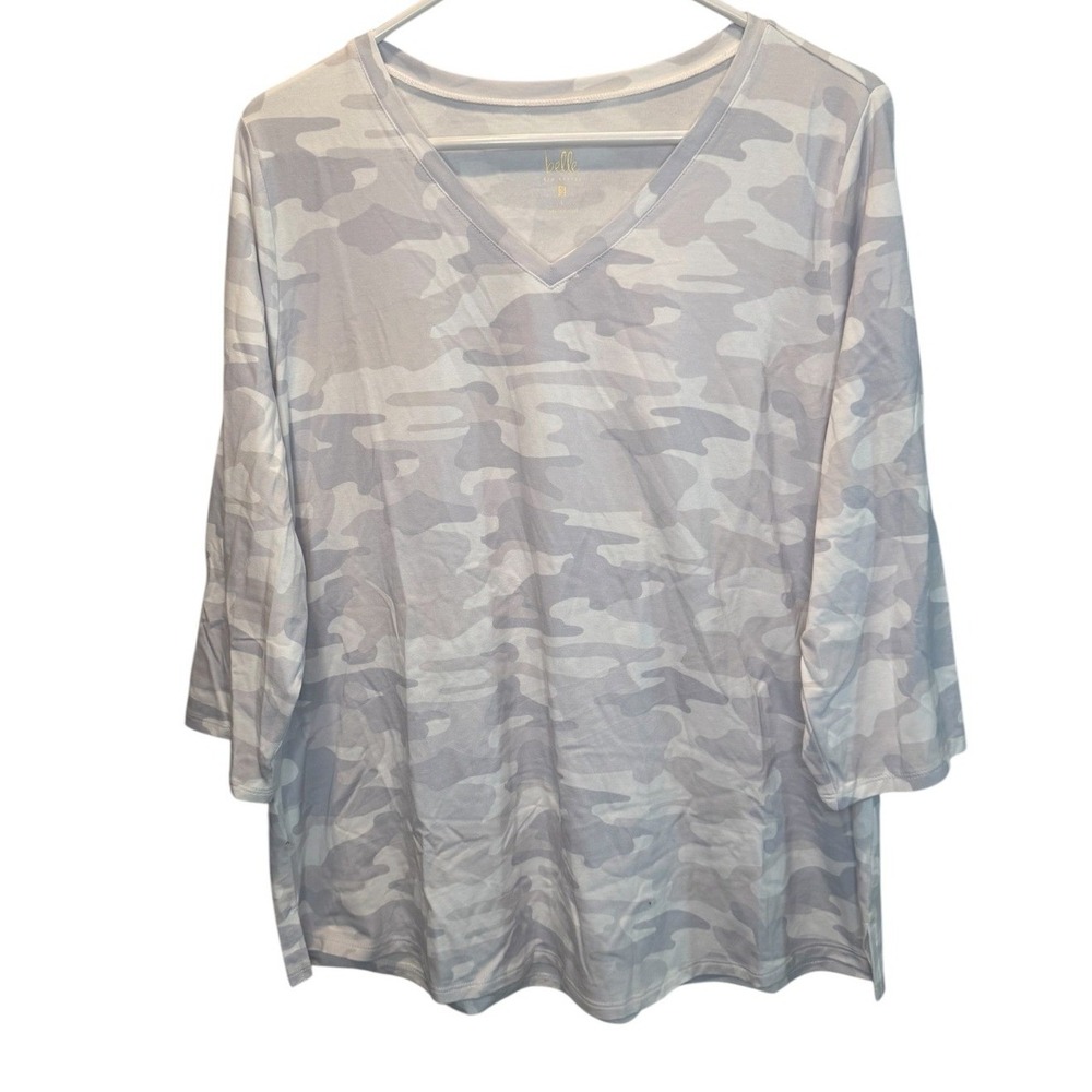 Belle by Kim Gravel Womens Gray Camo V-Neck 3/4 Sleeve Knit Top Small NEW